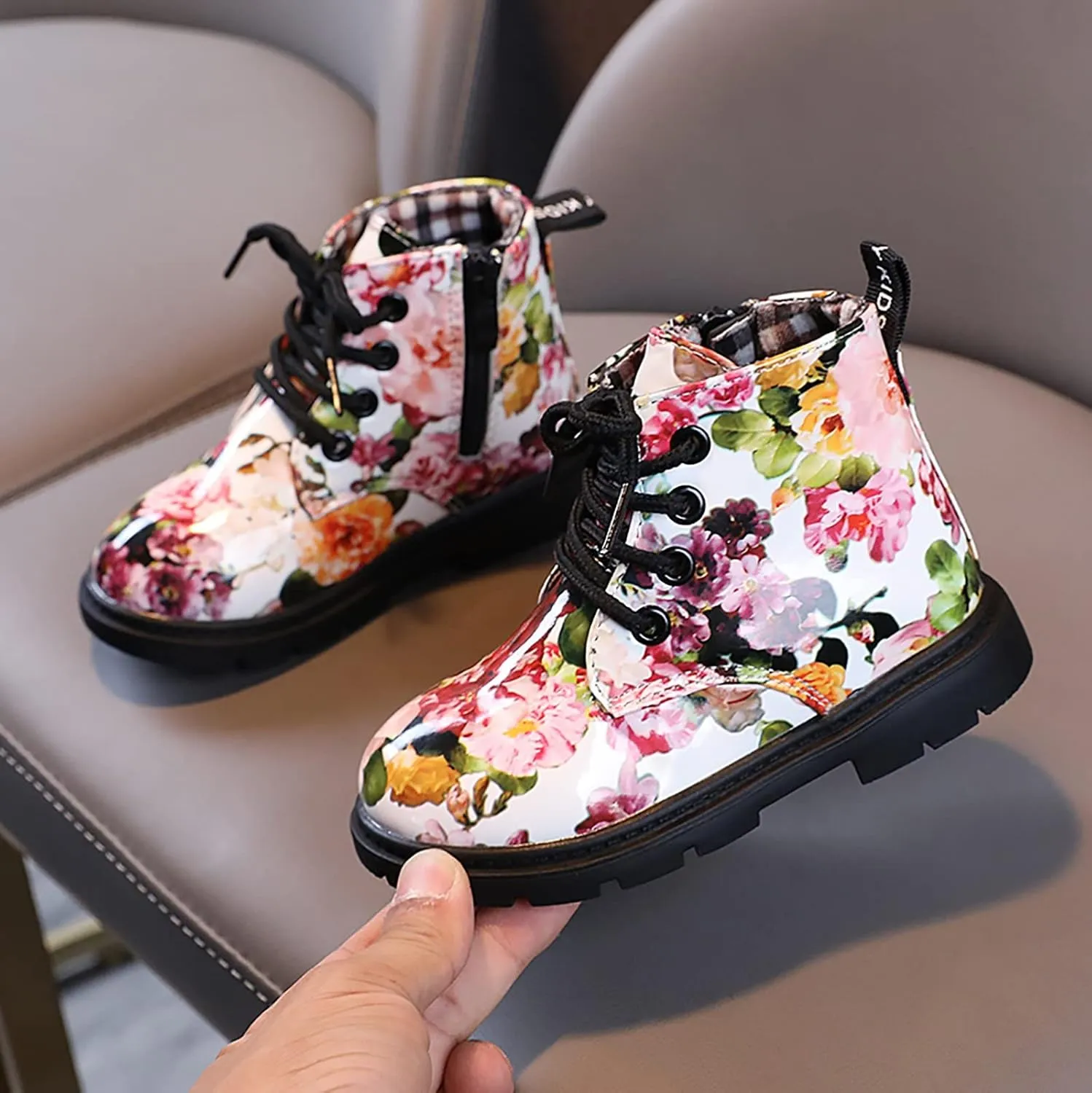 Cute Children Boots Floral Print Girl Lace Up Boots Waterproof Ankle Boots Side Zipper Booties(Toddler/Little Kids)