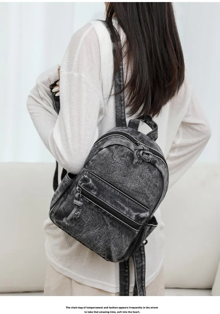 Denim Backpack Fashion Daypack Shoulder Bag, Chic y2k Grunge Canvas Bookbag Women Men Trendy Design Daily Hiking Travel (A black)