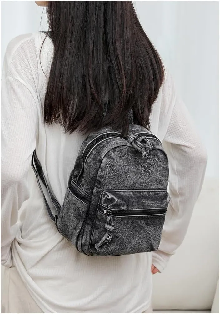 Denim Backpack Fashion Daypack Shoulder Bag, Chic y2k Grunge Canvas Bookbag Women Men Trendy Design Daily Hiking Travel (A black)