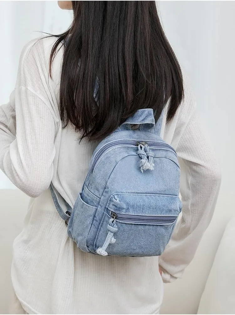 Denim Backpack Fashion Daypack Shoulder Bag, Chic y2k Grunge Canvas Bookbag Women Men Trendy Design Daily Hiking Travel (Retro blue)