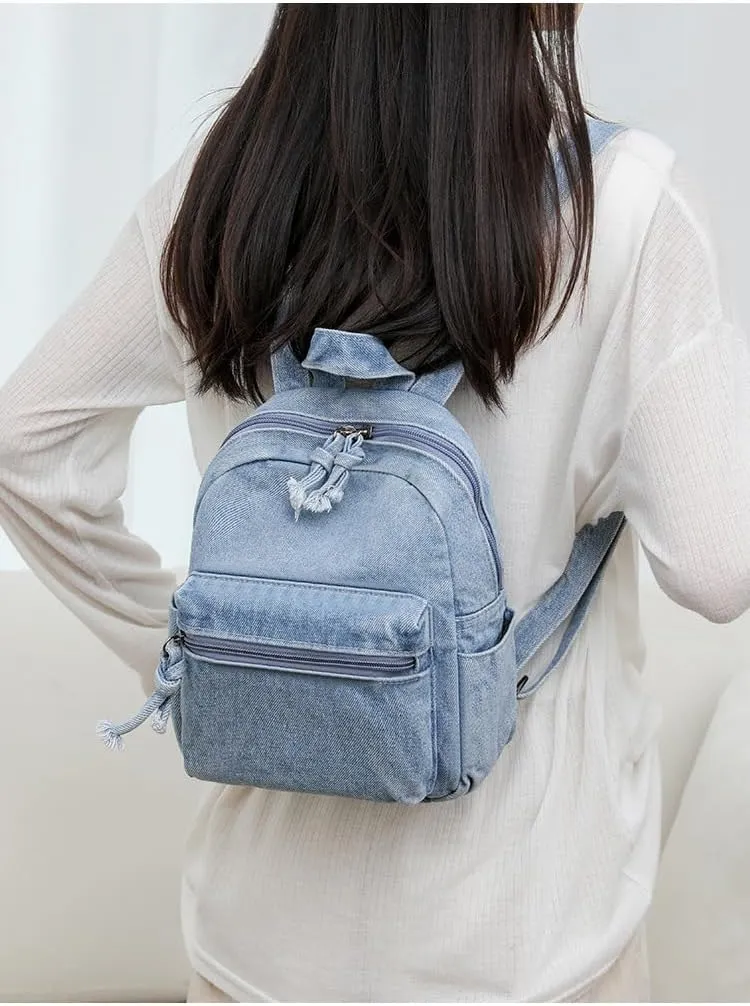 Denim Backpack Fashion Daypack Shoulder Bag, Chic y2k Grunge Canvas Bookbag Women Men Trendy Design Daily Hiking Travel (Retro blue)