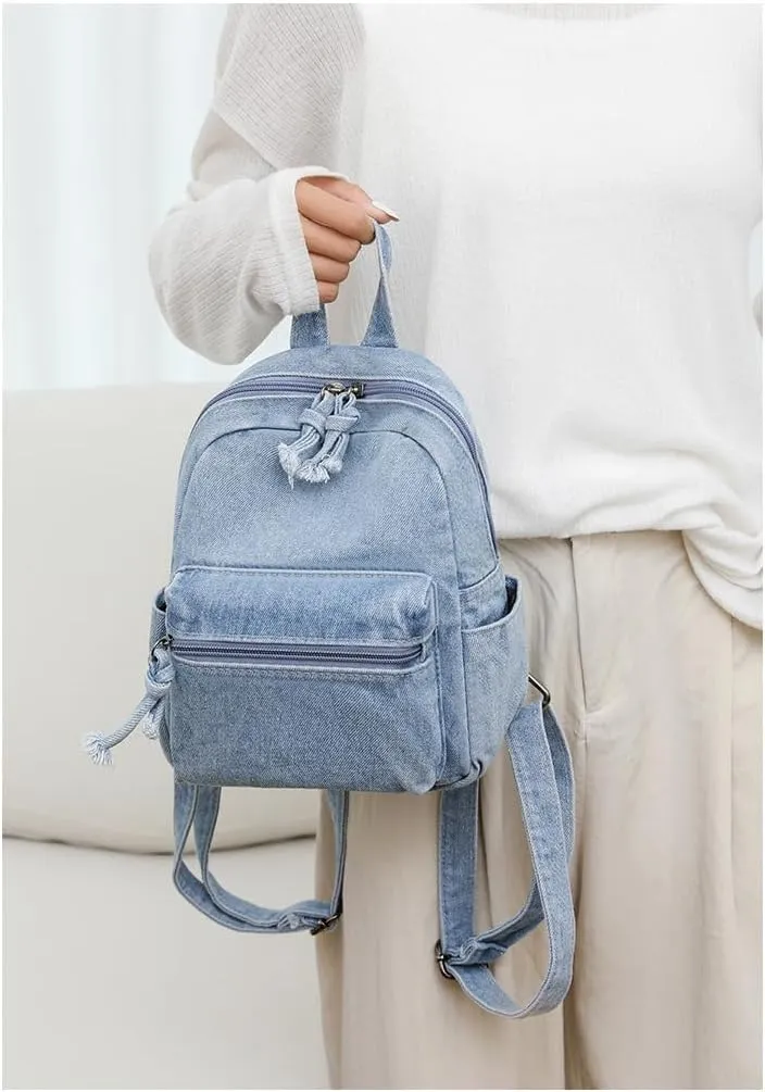 Denim Backpack Fashion Daypack Shoulder Bag, Chic y2k Grunge Canvas Bookbag Women Men Trendy Design Daily Hiking Travel (Retro blue)