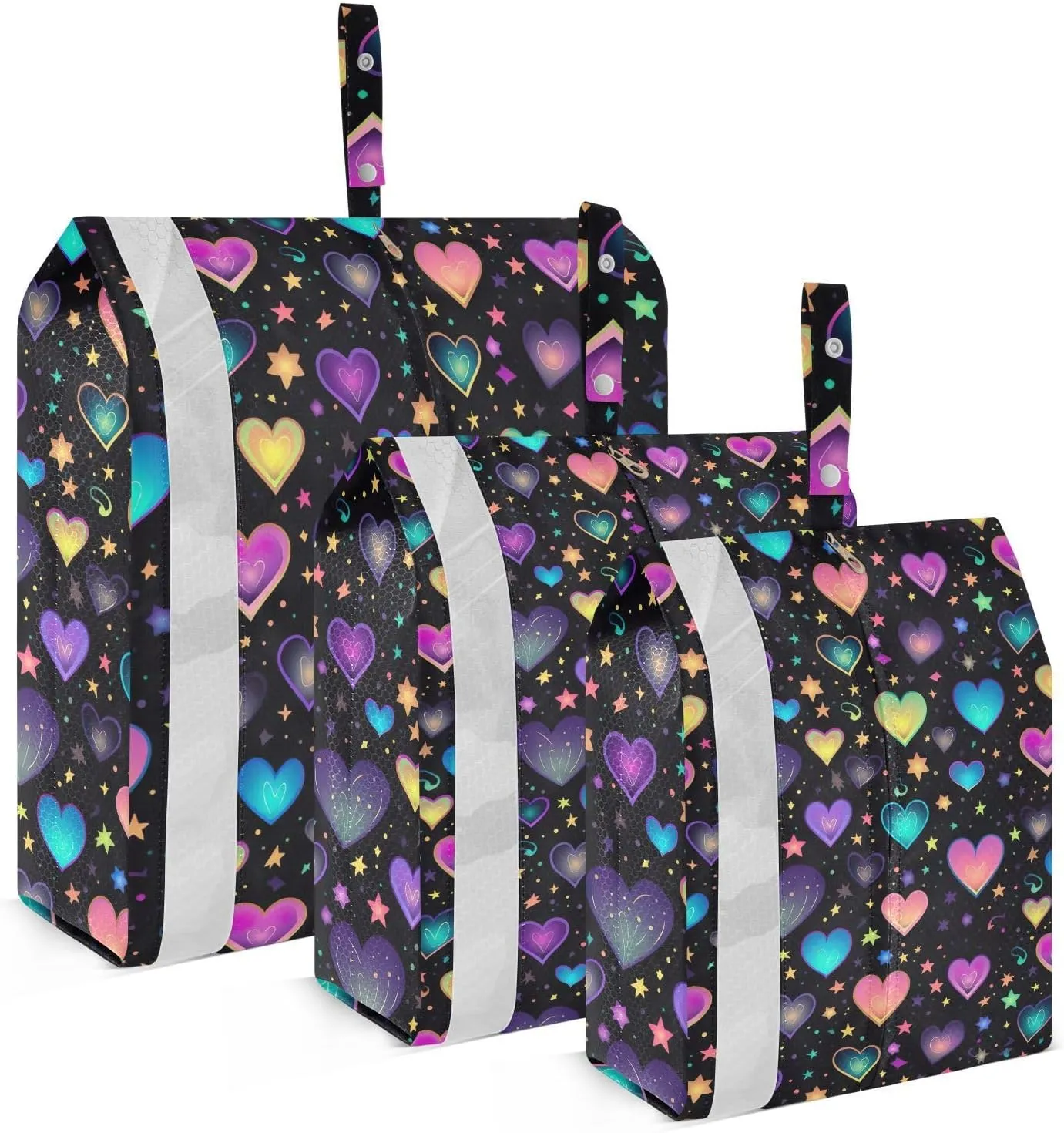 DOMIKING Colorful Hearts Black Packing Cubes for Travel Luggage Organizer Hanging Packing Bag for Carry On Suitcases Clothes Set of 3