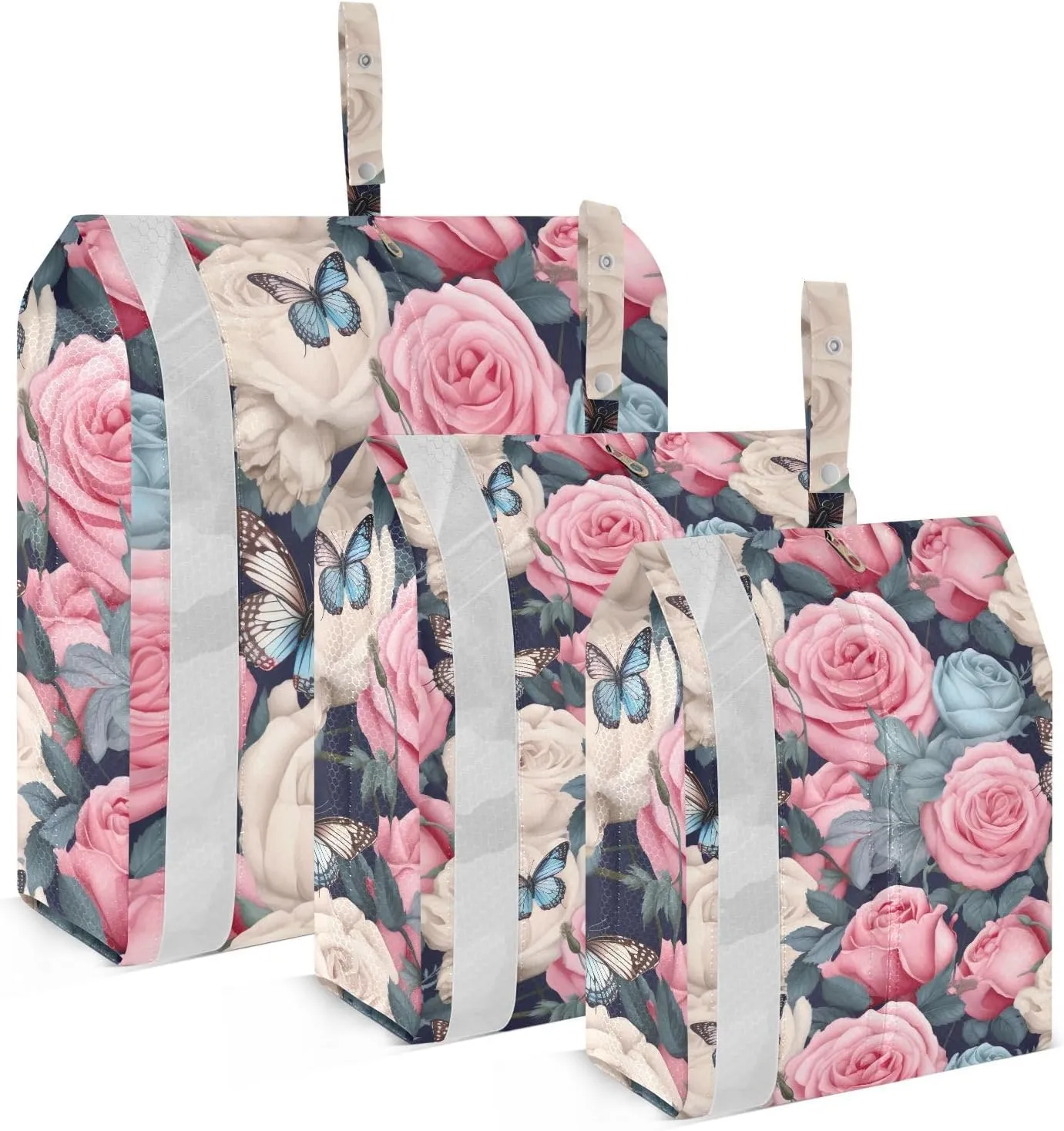 DOMIKING Pink Roses Blue Butterflies Packing Cubes for Travel Luggage Organizer Hanging Packing Bag for Clothes Carry On Suitcase Set of 3