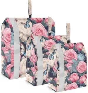 DOMIKING Pink Roses Blue Butterflies Packing Cubes for Travel Luggage Organizer Hanging Packing Bag for Clothes Carry On Suitcase Set of 3