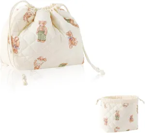 Drawstring Makeup Bag - Cute Bear Quilted Bag for Women, Collapsible Travel Cosmetic Organizer with Large Capacity, Cotton Toiletries Holder