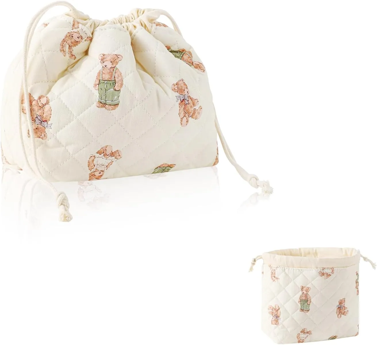 Drawstring Makeup Bag - Cute Bear Quilted Bag for Women, Collapsible Travel Cosmetic Organizer with Large Capacity, Cotton Toiletries Holder
