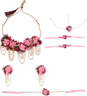 Efulgenz Indian Wedding Haldi Mehandi Jewelry Flower Jewelry Set Handmade Faux Pearl Long Necklace Tassel Earrings Maang Tikka Bracelet Set Bridal Jewelry for Haldi Mehandi Jewelry Wedding