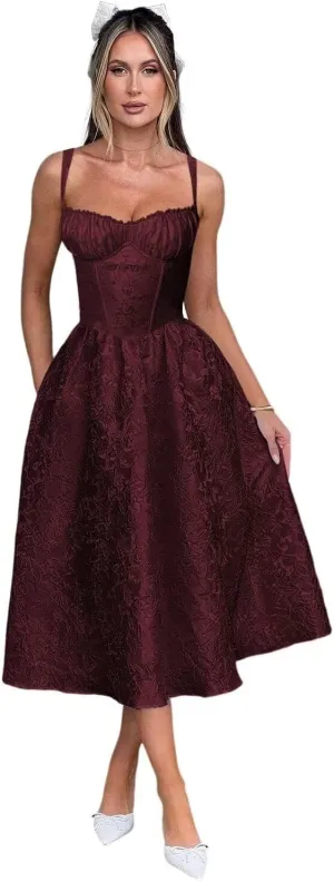 Embroidery Satin Tea Length Prom Dress Spaghetti Straps Jacquard Floral Midi Cocktail Party Fromal Gowns