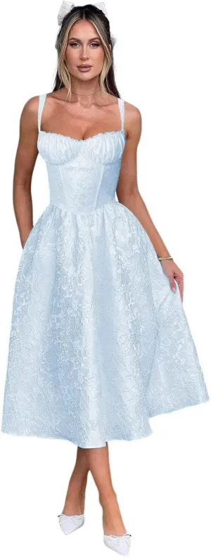 Embroidery Satin Tea Length Prom Dress Spaghetti Straps Jacquard Floral Midi Cocktail Party Fromal Gowns