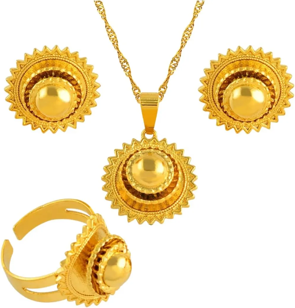 Ethiopian Jewelry for Women Set - Ethiopian Traditional Jewelry - Eritrea Gold Jewelry - Ethiopian Small Set Jewelry Necklace Earrings Ring Gold Color African Bridal Sets Eritrean Wedding