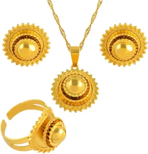 Ethiopian Jewelry for Women Set - Ethiopian Traditional Jewelry - Eritrea Gold Jewelry - Ethiopian Small Set Jewelry Necklace Earrings Ring Gold Color African Bridal Sets Eritrean Wedding
