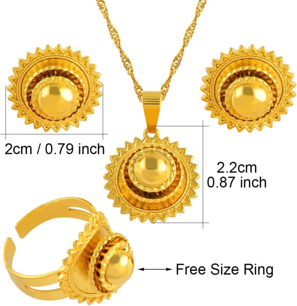 Ethiopian Jewelry for Women Set - Ethiopian Traditional Jewelry - Eritrea Gold Jewelry - Ethiopian Small Set Jewelry Necklace Earrings Ring Gold Color African Bridal Sets Eritrean Wedding