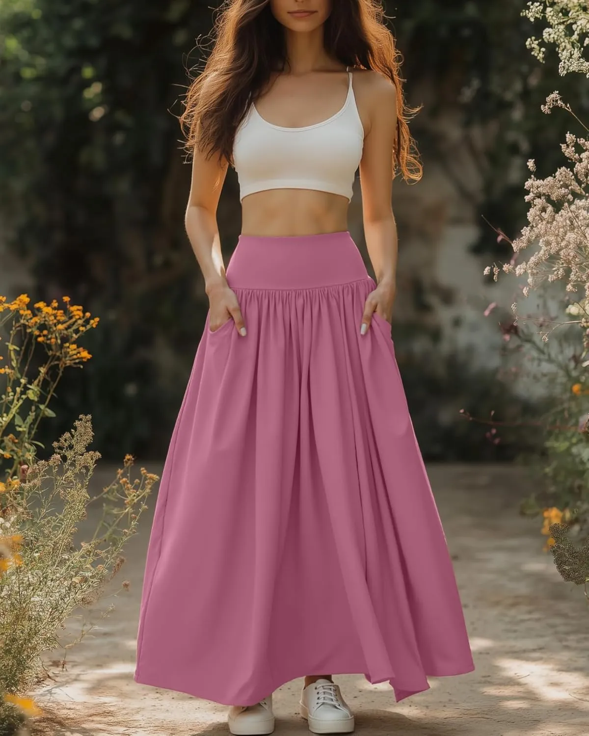 Ficerd 3 Pack Maxi Long Skirts for Women, Ankle Length High Waisted Pleated Flowy A Line Summer Casual Skirts with Pockets