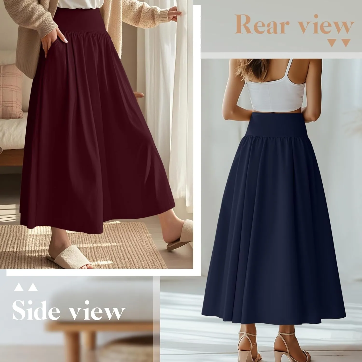 Ficerd 3 Pack Maxi Long Skirts for Women, Ankle Length High Waisted Pleated Flowy A Line Summer Casual Skirts with Pockets