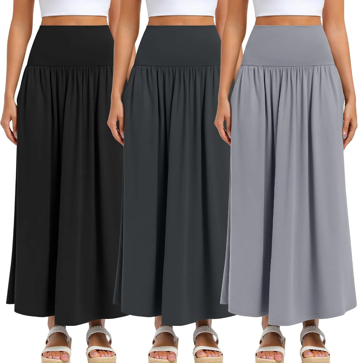 Ficerd 3 Pack Maxi Long Skirts for Women, Ankle Length High Waisted Pleated Flowy A Line Summer Casual Skirts with Pockets