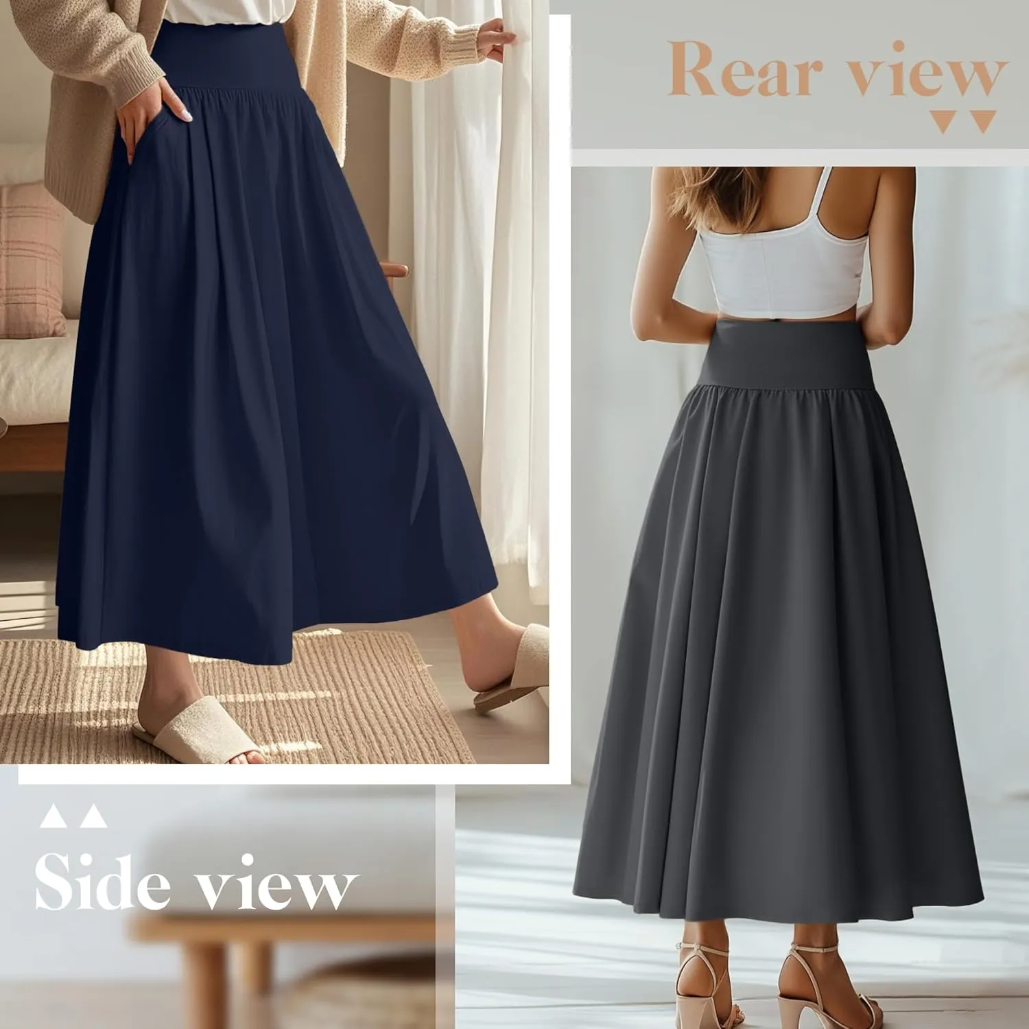 Ficerd 3 Pack Maxi Long Skirts for Women, Ankle Length High Waisted Pleated Flowy A Line Summer Casual Skirts with Pockets