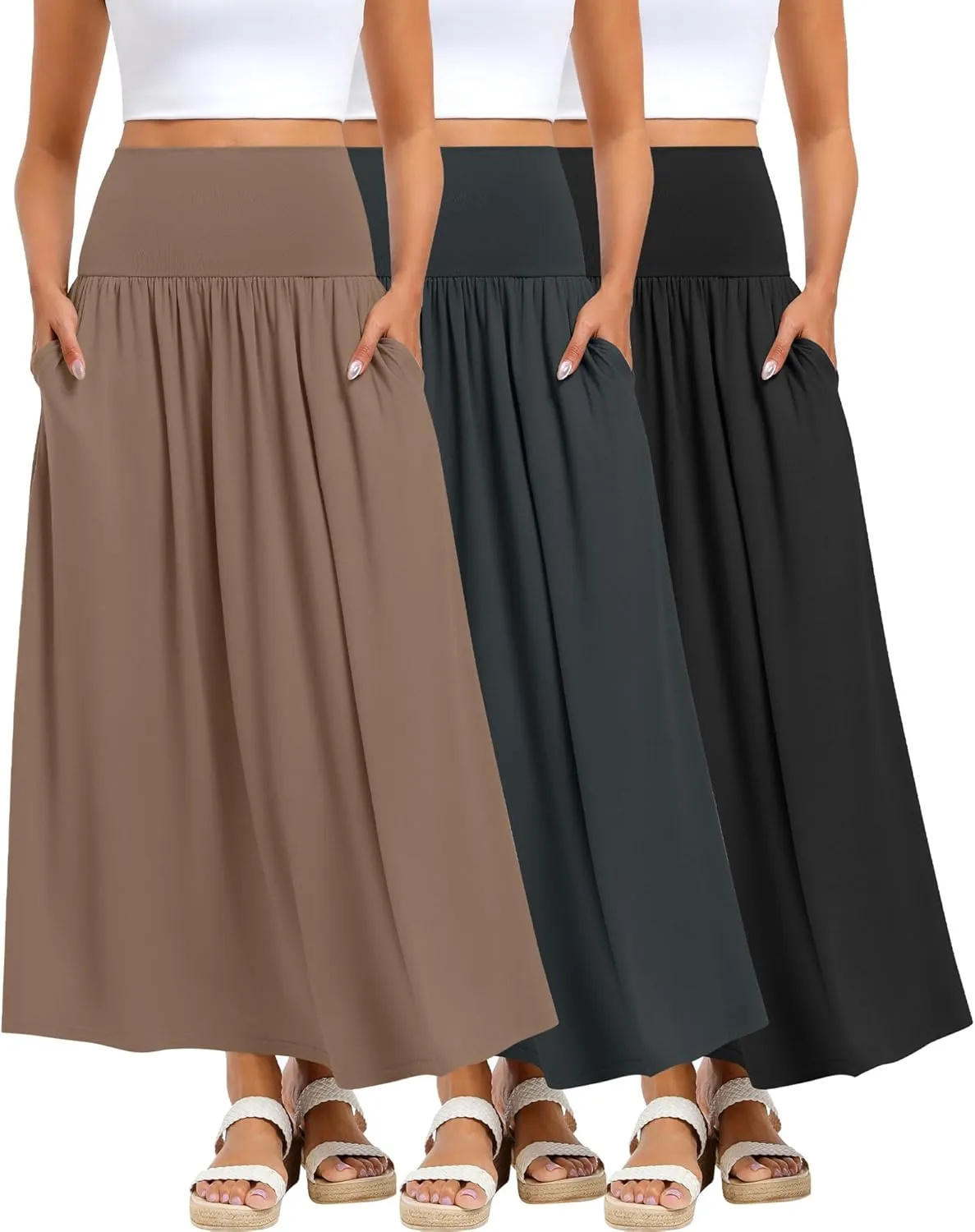 Ficerd 3 Pack Maxi Long Skirts for Women, Ankle Length High Waisted Pleated Flowy A Line Summer Casual Skirts with Pockets