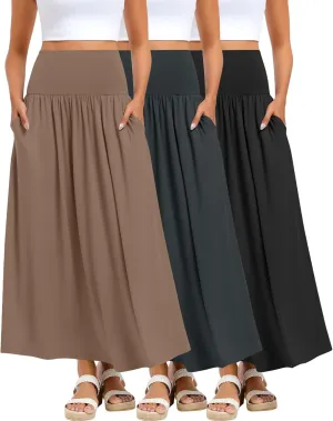 Ficerd 3 Pack Maxi Long Skirts for Women, Ankle Length High Waisted Pleated Flowy A Line Summer Casual Skirts with Pockets