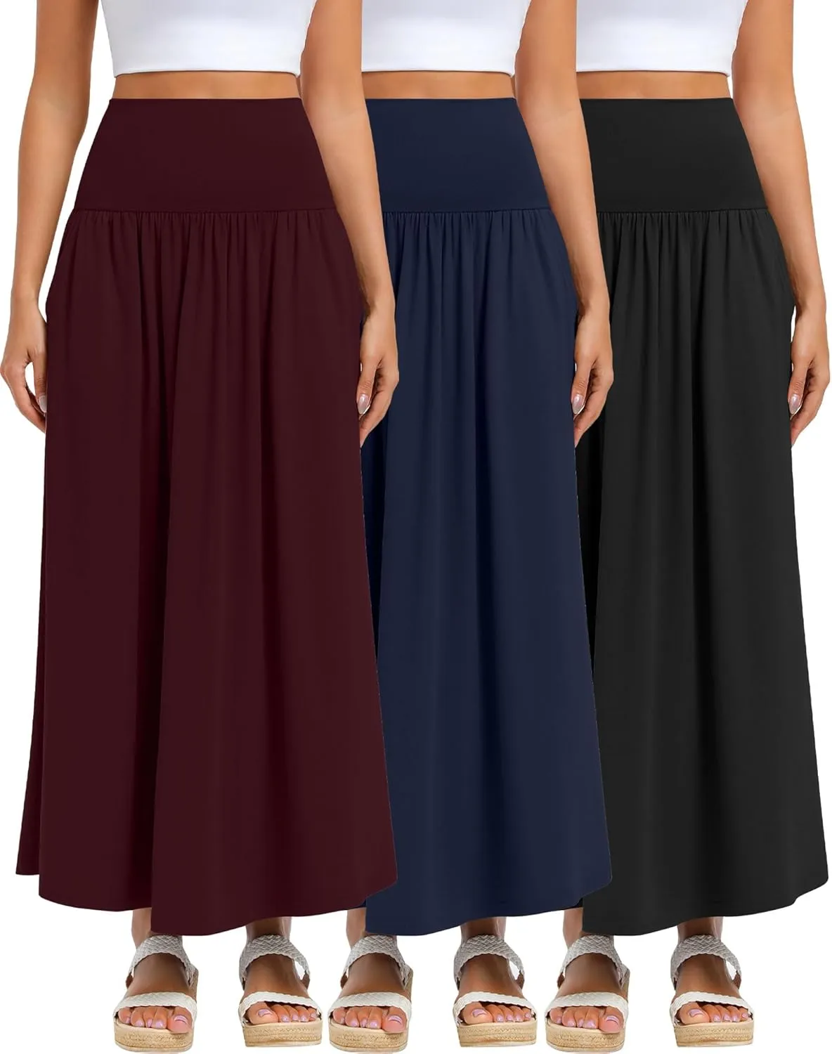 Ficerd 3 Pack Maxi Long Skirts for Women, Ankle Length High Waisted Pleated Flowy A Line Summer Casual Skirts with Pockets