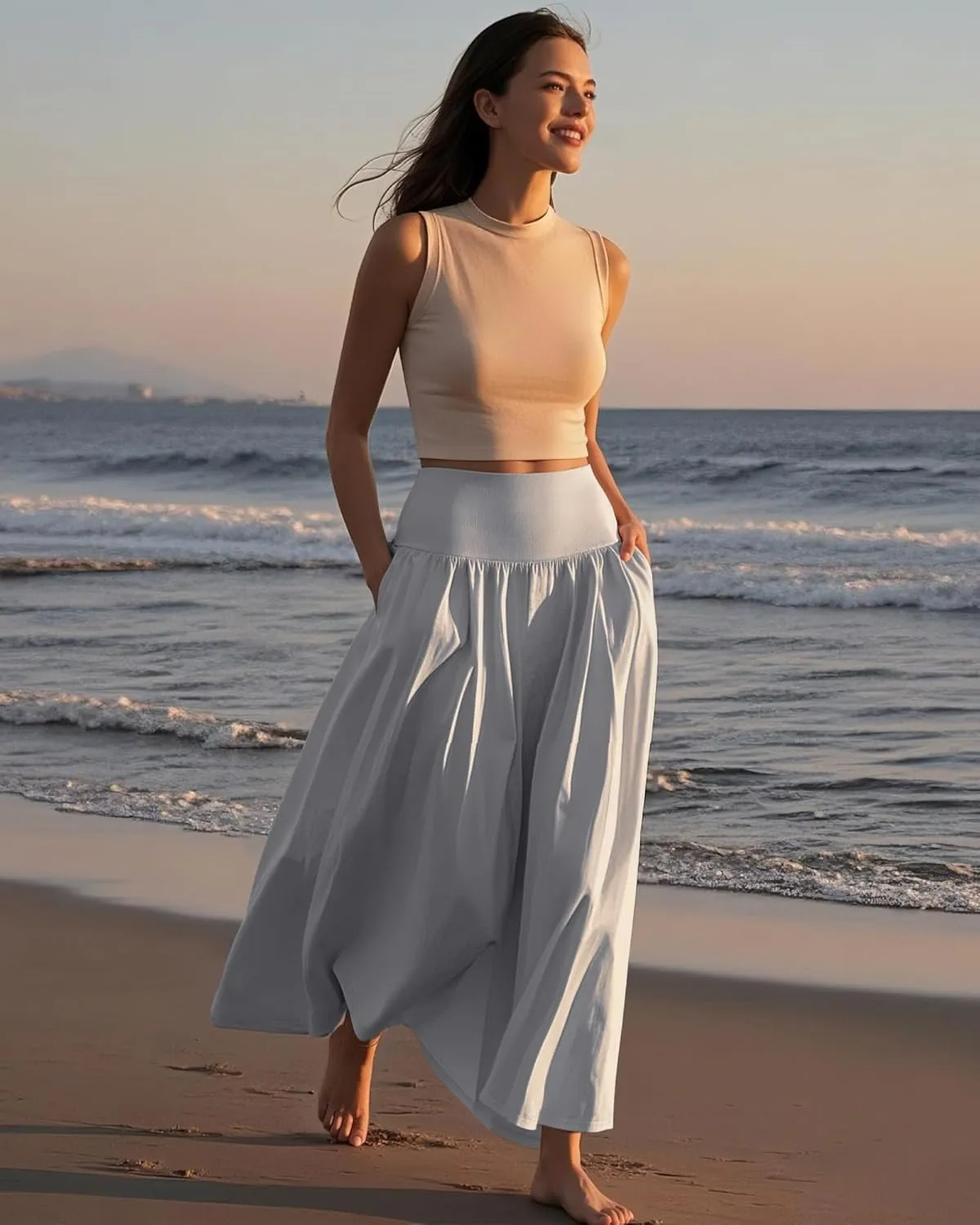 Ficerd 3 Pack Maxi Long Skirts for Women, Ankle Length High Waisted Pleated Flowy A Line Summer Casual Skirts with Pockets