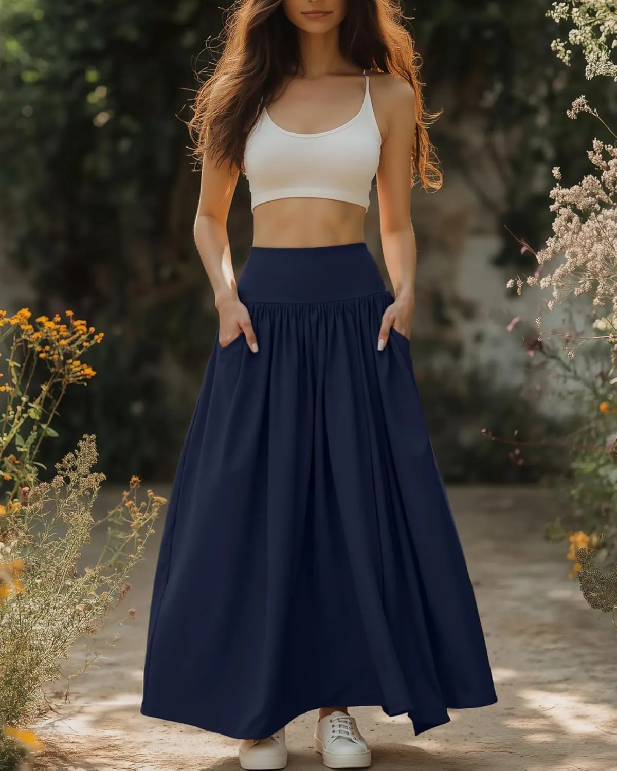 Ficerd 3 Pack Maxi Long Skirts for Women, Ankle Length High Waisted Pleated Flowy A Line Summer Casual Skirts with Pockets