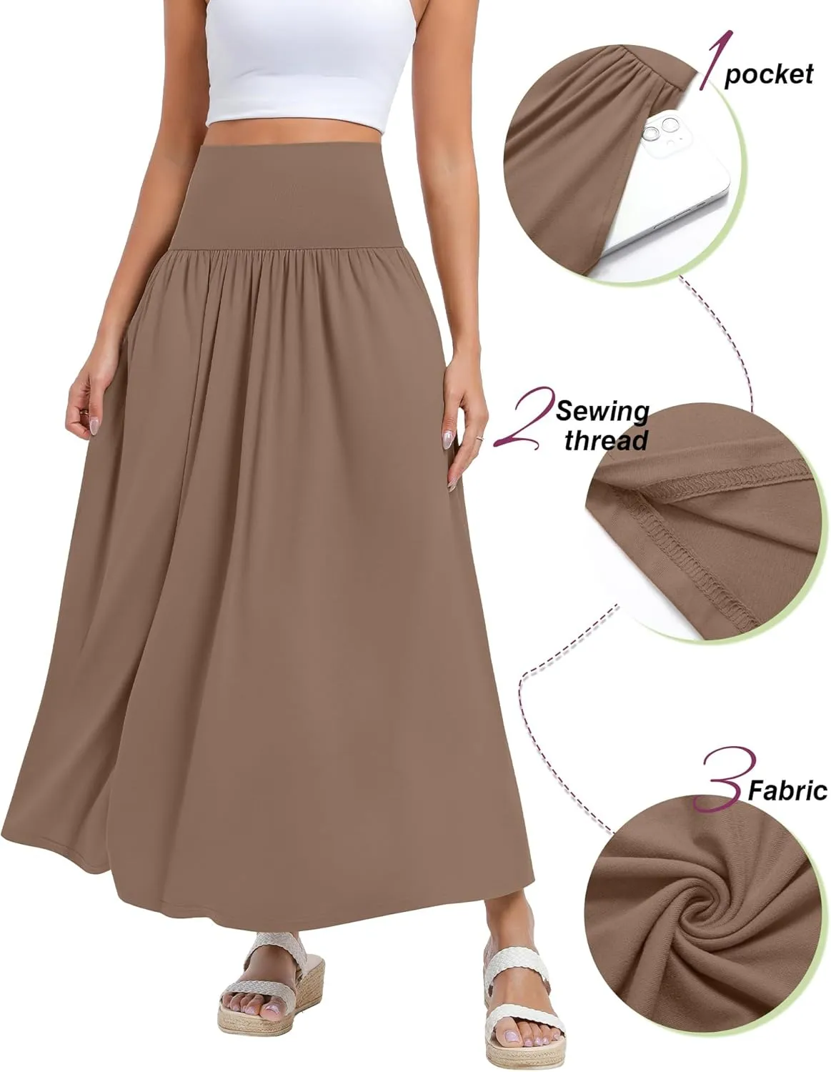 Ficerd 3 Pack Maxi Long Skirts for Women, Ankle Length High Waisted Pleated Flowy A Line Summer Casual Skirts with Pockets