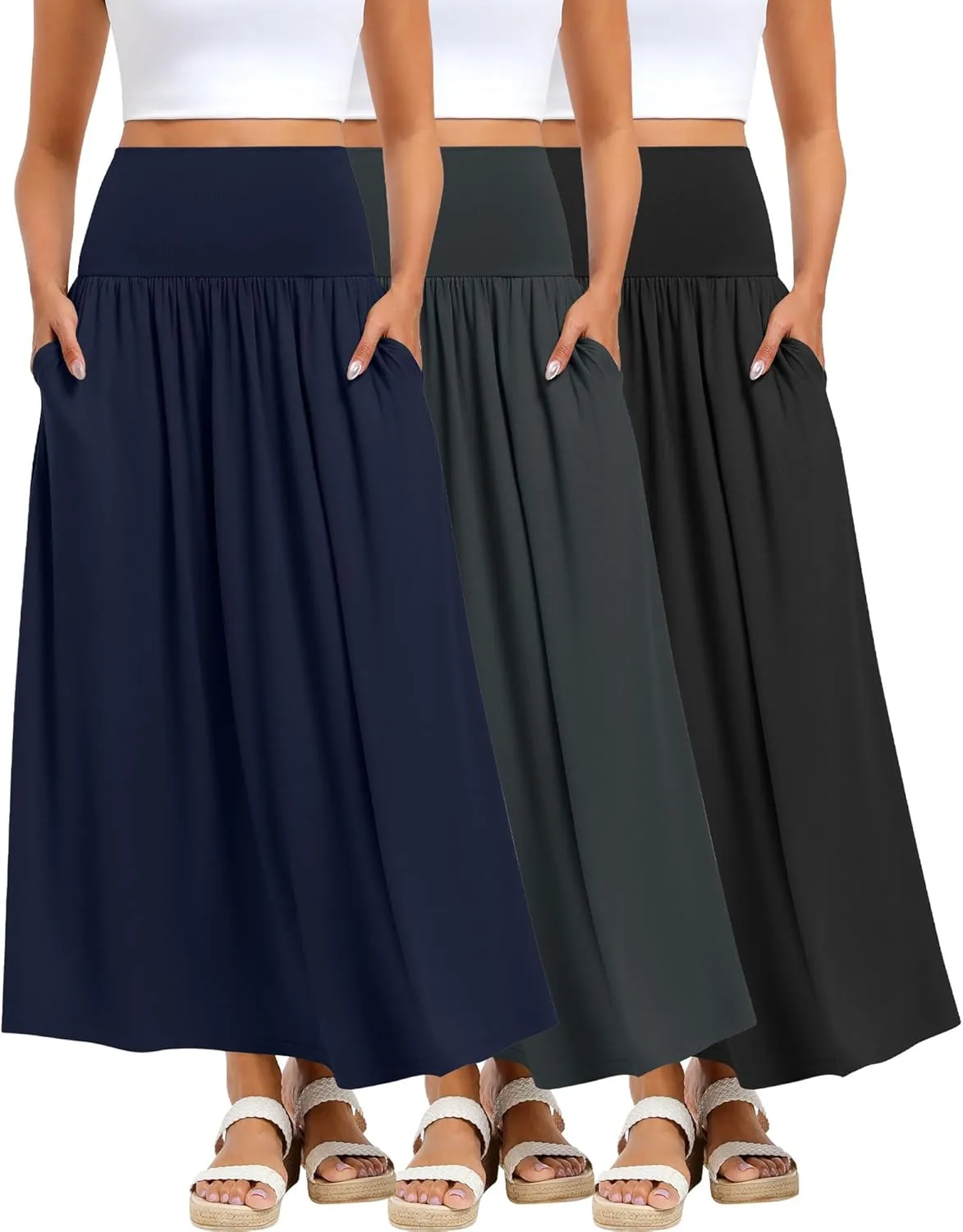 Ficerd 3 Pack Maxi Long Skirts for Women, Ankle Length High Waisted Pleated Flowy A Line Summer Casual Skirts with Pockets