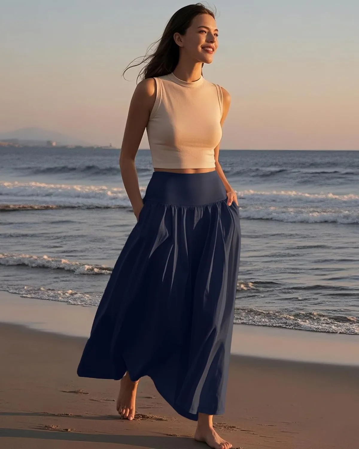 Ficerd 3 Pack Maxi Long Skirts for Women, Ankle Length High Waisted Pleated Flowy A Line Summer Casual Skirts with Pockets