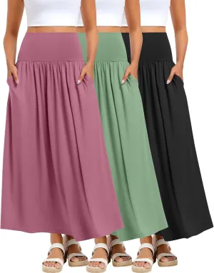 Ficerd 3 Pack Maxi Long Skirts for Women, Ankle Length High Waisted Pleated Flowy A Line Summer Casual Skirts with Pockets