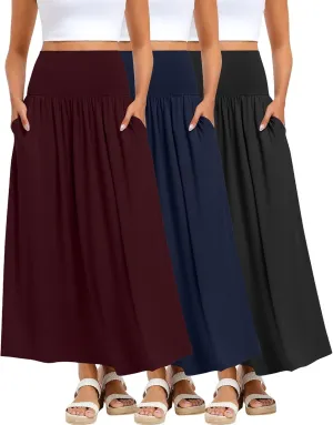 Ficerd 3 Pack Maxi Long Skirts for Women, Ankle Length High Waisted Pleated Flowy A Line Summer Casual Skirts with Pockets