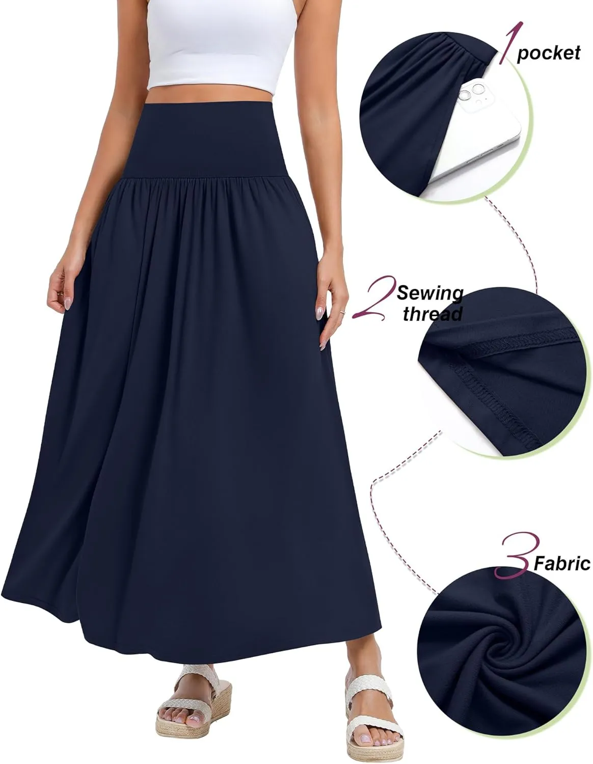 Ficerd 3 Pack Maxi Long Skirts for Women, Ankle Length High Waisted Pleated Flowy A Line Summer Casual Skirts with Pockets