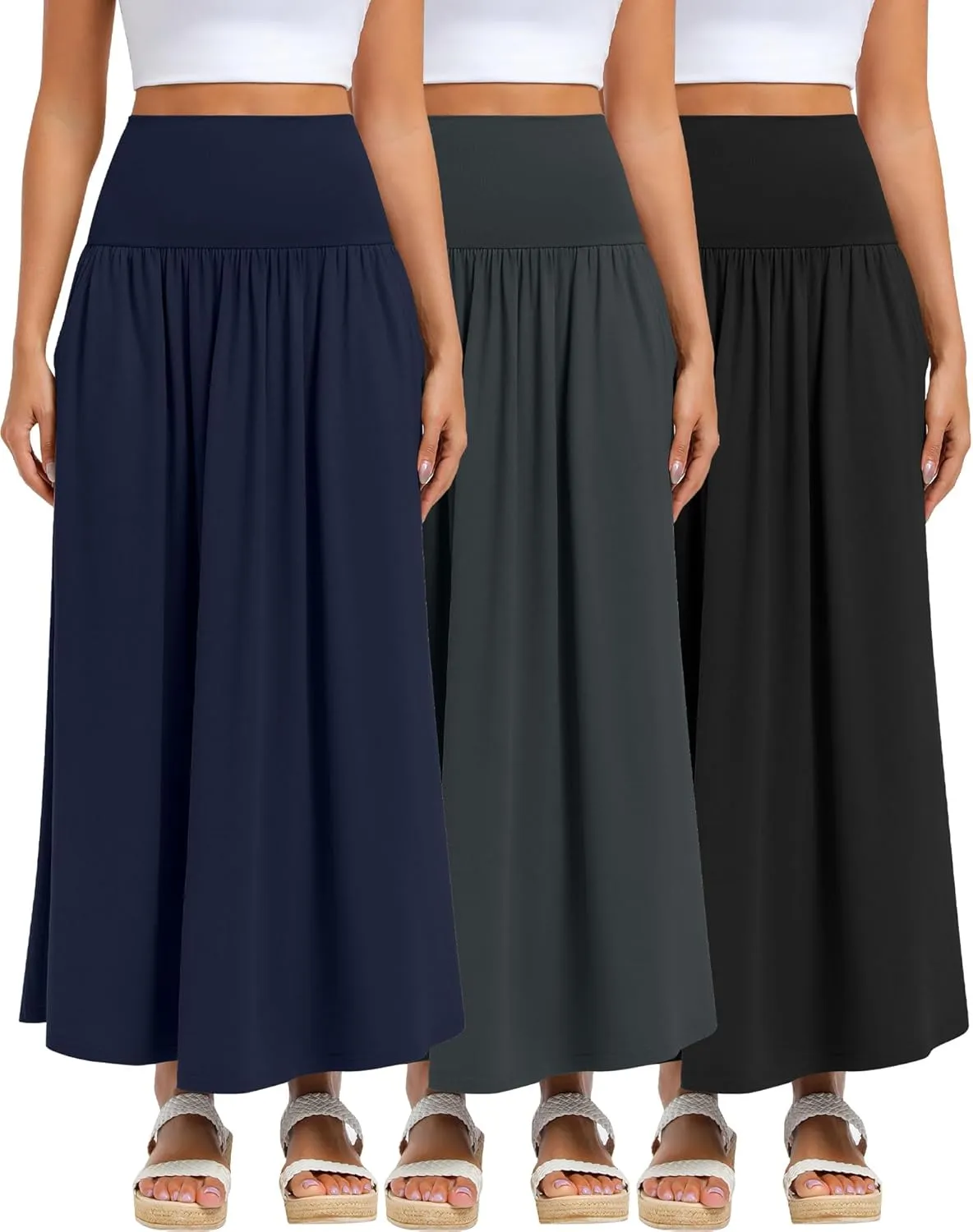 Ficerd 3 Pack Maxi Long Skirts for Women, Ankle Length High Waisted Pleated Flowy A Line Summer Casual Skirts with Pockets