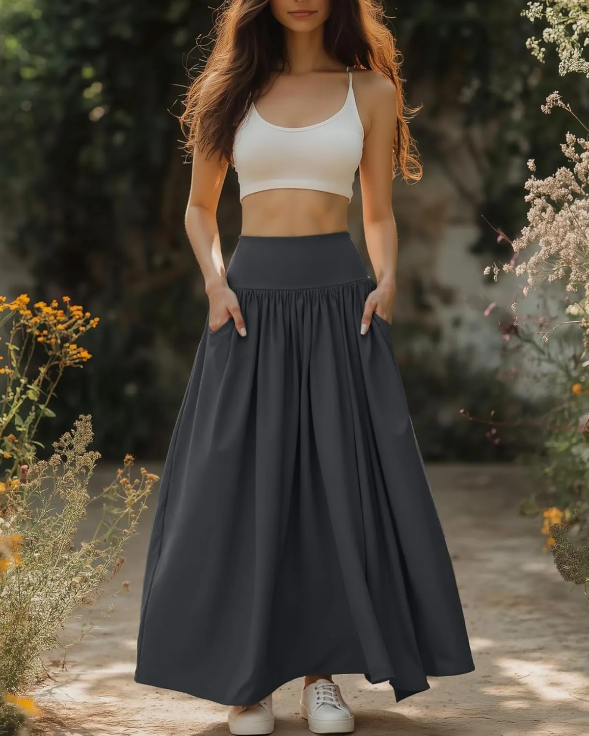 Ficerd 3 Pack Maxi Long Skirts for Women, Ankle Length High Waisted Pleated Flowy A Line Summer Casual Skirts with Pockets
