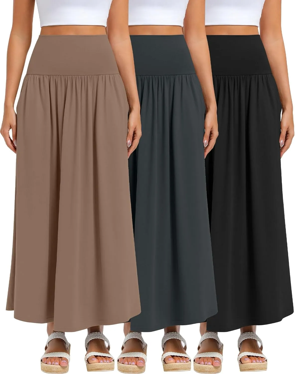 Ficerd 3 Pack Maxi Long Skirts for Women, Ankle Length High Waisted Pleated Flowy A Line Summer Casual Skirts with Pockets