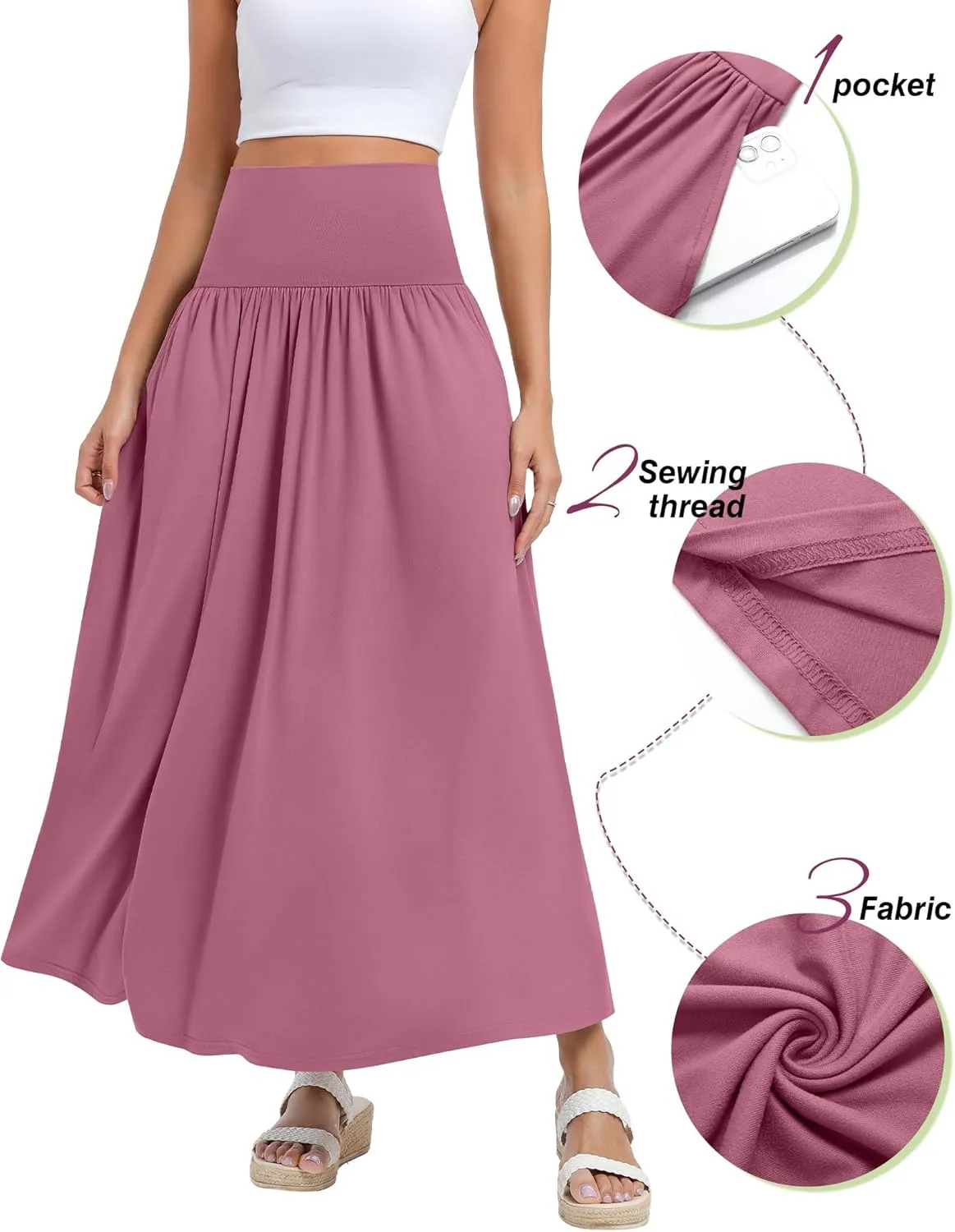 Ficerd 3 Pack Maxi Long Skirts for Women, Ankle Length High Waisted Pleated Flowy A Line Summer Casual Skirts with Pockets