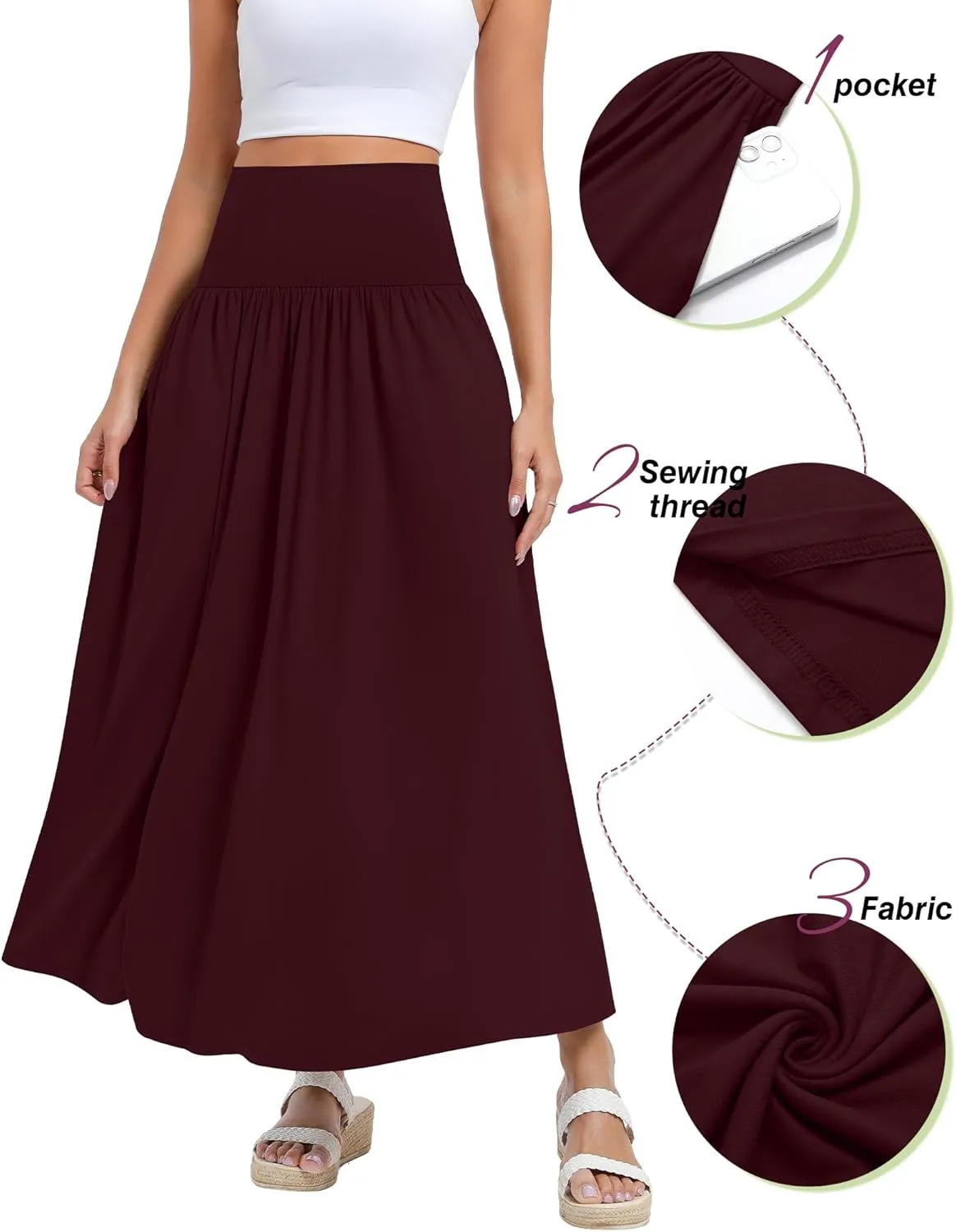 Ficerd 3 Pack Maxi Long Skirts for Women, Ankle Length High Waisted Pleated Flowy A Line Summer Casual Skirts with Pockets