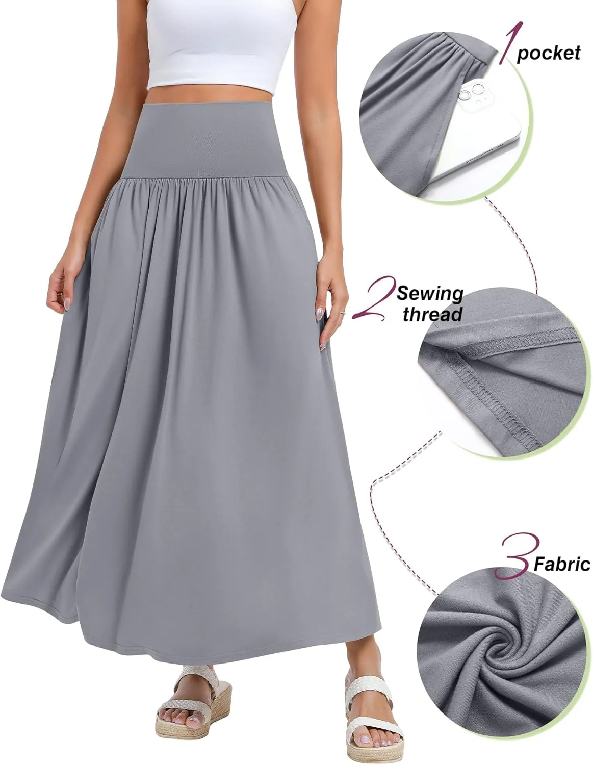 Ficerd 3 Pack Maxi Long Skirts for Women, Ankle Length High Waisted Pleated Flowy A Line Summer Casual Skirts with Pockets