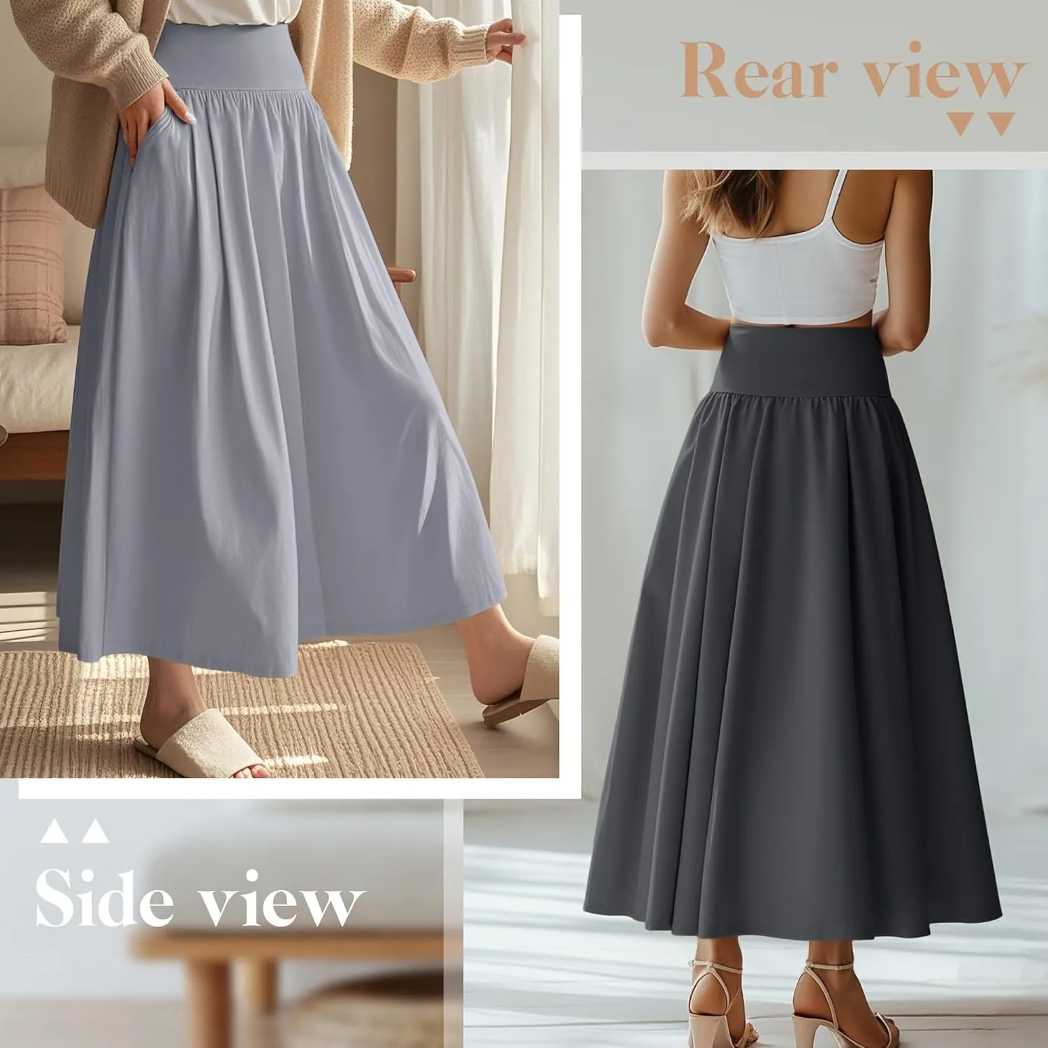Ficerd 3 Pack Maxi Long Skirts for Women, Ankle Length High Waisted Pleated Flowy A Line Summer Casual Skirts with Pockets