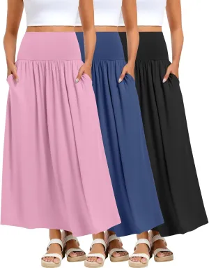 Ficerd 3 Pack Maxi Long Skirts for Women, Ankle Length High Waisted Pleated Flowy A Line Summer Casual Skirts with Pockets