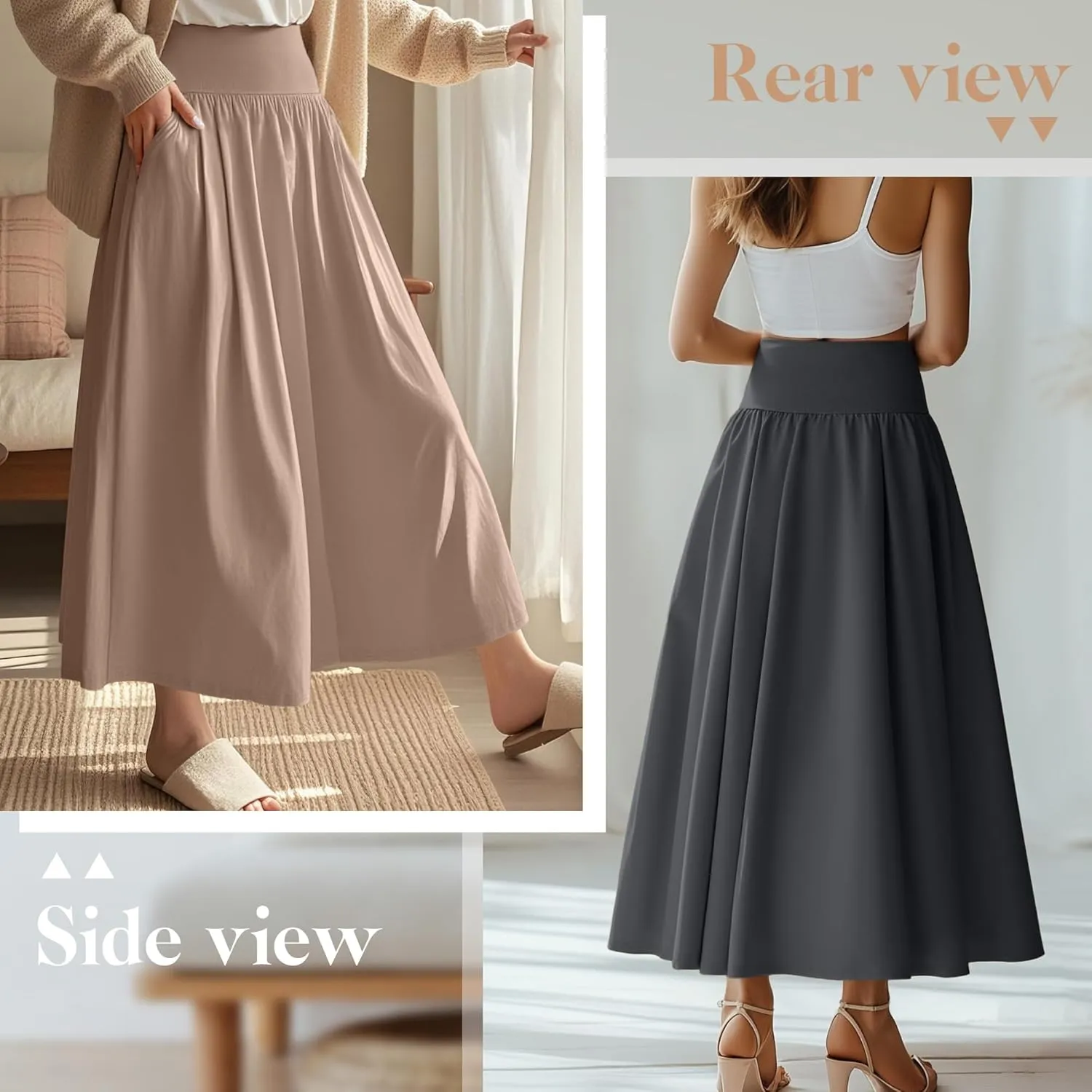 Ficerd 3 Pack Maxi Long Skirts for Women, Ankle Length High Waisted Pleated Flowy A Line Summer Casual Skirts with Pockets