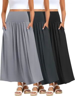 Ficerd 3 Pack Maxi Long Skirts for Women, Ankle Length High Waisted Pleated Flowy A Line Summer Casual Skirts with Pockets