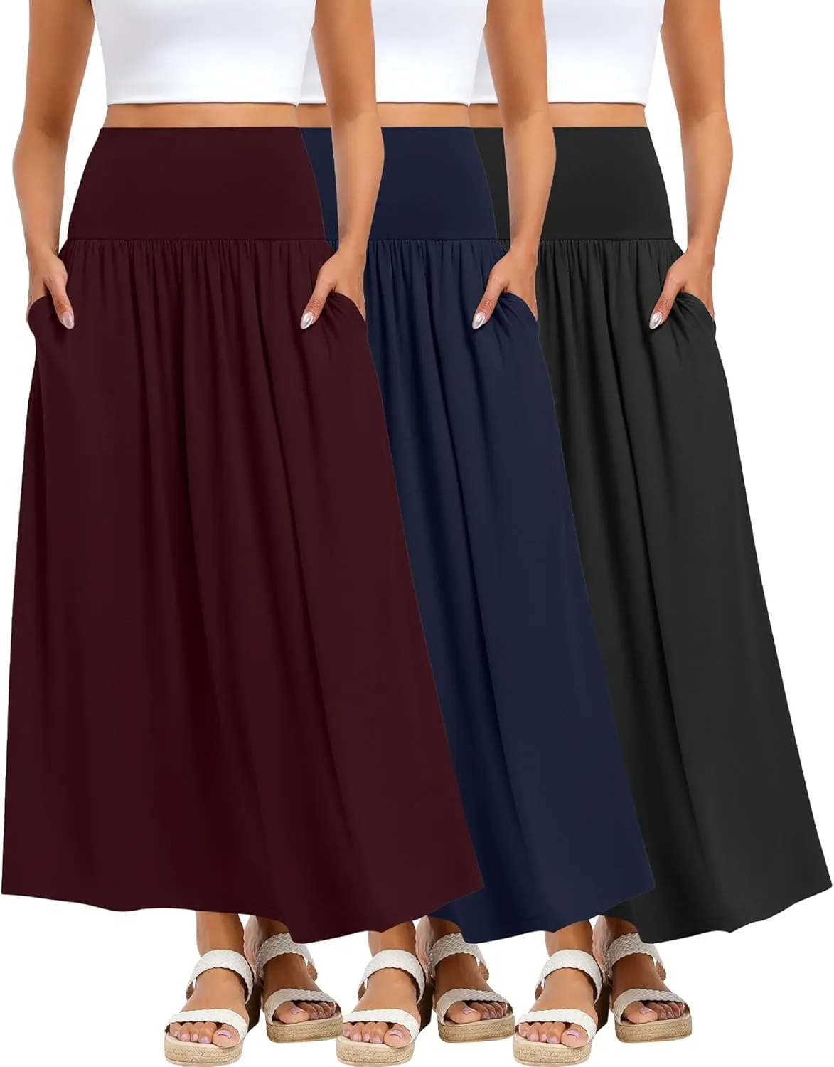 Ficerd 3 Pack Maxi Long Skirts for Women, Ankle Length High Waisted Pleated Flowy A Line Summer Casual Skirts with Pockets