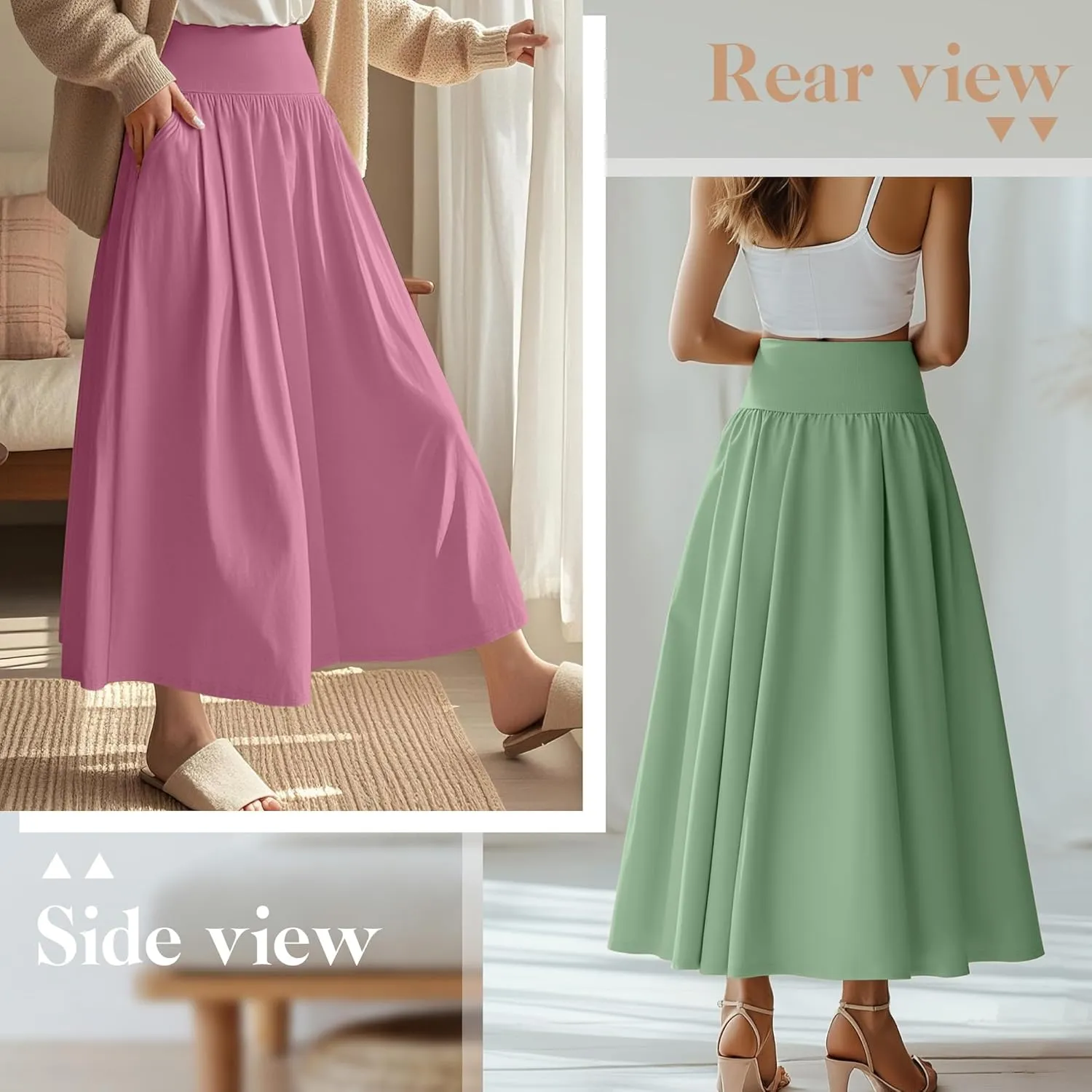 Ficerd 3 Pack Maxi Long Skirts for Women, Ankle Length High Waisted Pleated Flowy A Line Summer Casual Skirts with Pockets