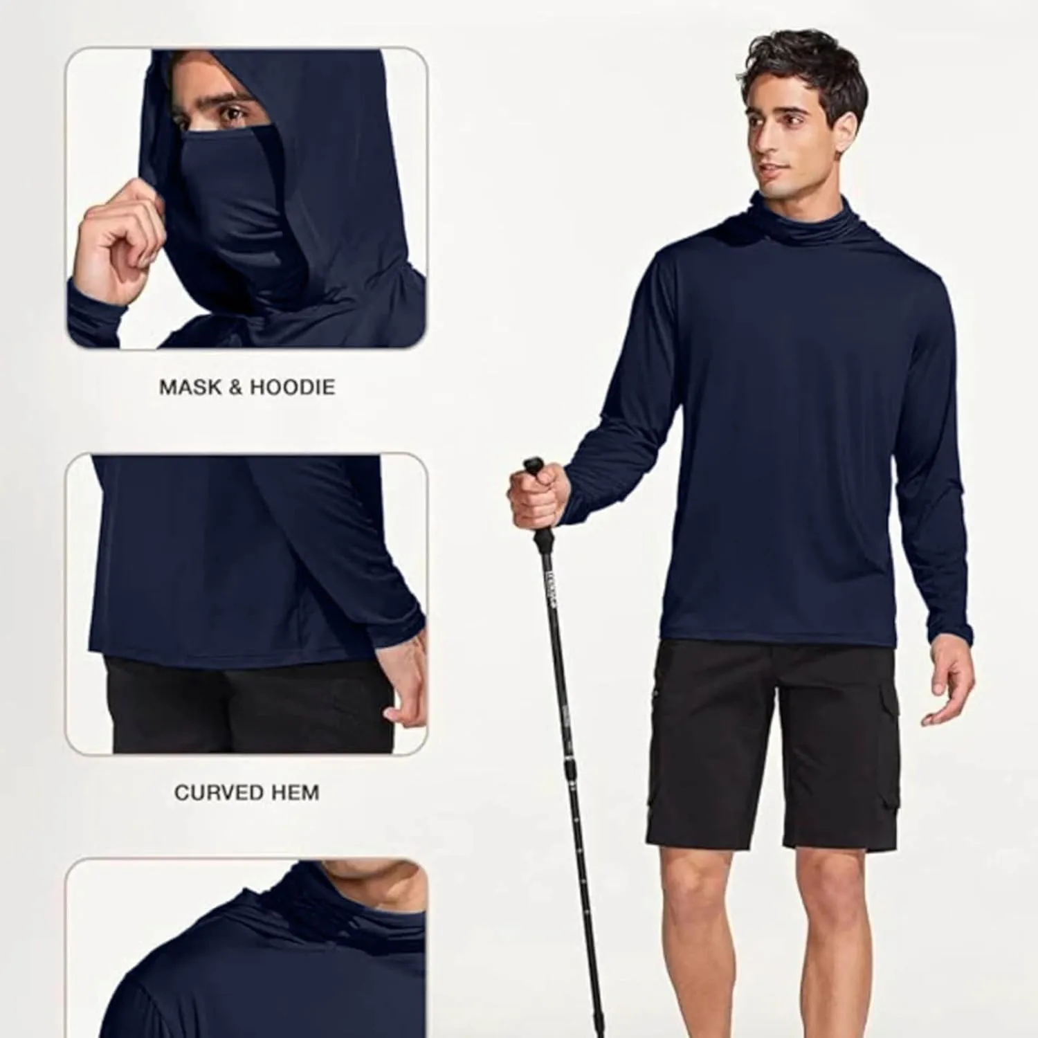 Fishing Hoodies for Men with Face Mask Sun Protection Hiking Hoodie Shirt Upf 50  Long Sleeve T-Shirts Lightweight M-3XL