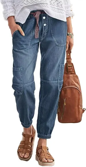 Flamingals Straight Leg Button Fly Jeans for Women Multi Pocket Mid Rise Jeans Without Belt Denim Pants