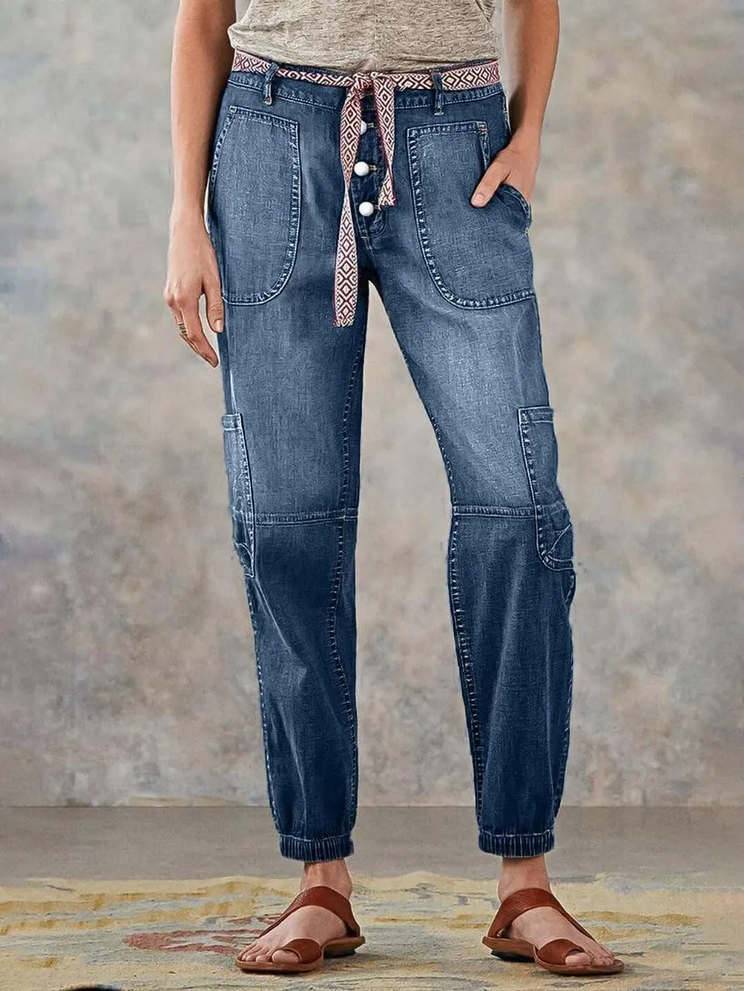 Flamingals Straight Leg Button Fly Jeans for Women Multi Pocket Mid Rise Jeans Without Belt Denim Pants