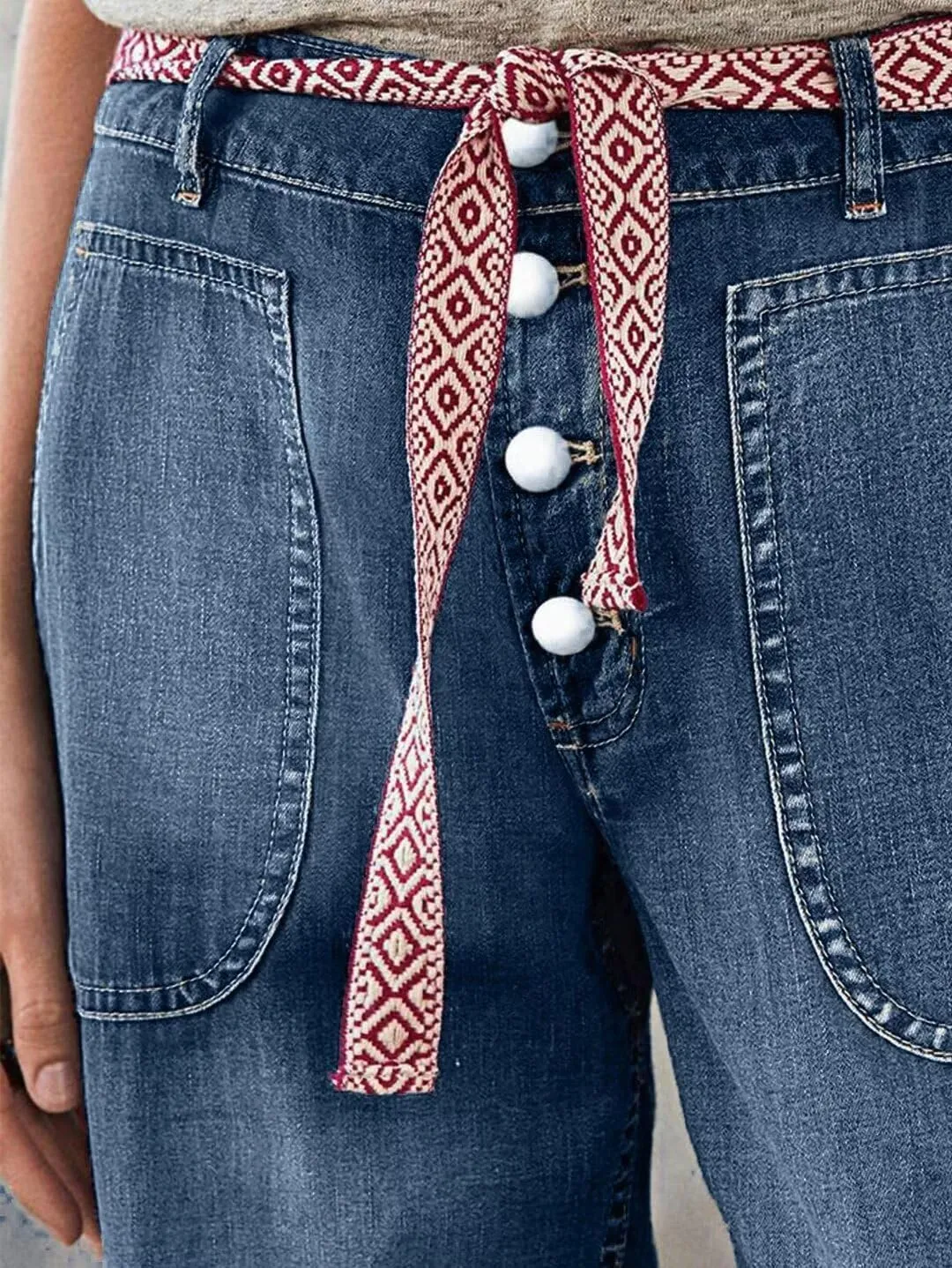 Flamingals Straight Leg Button Fly Jeans for Women Multi Pocket Mid Rise Jeans Without Belt Denim Pants