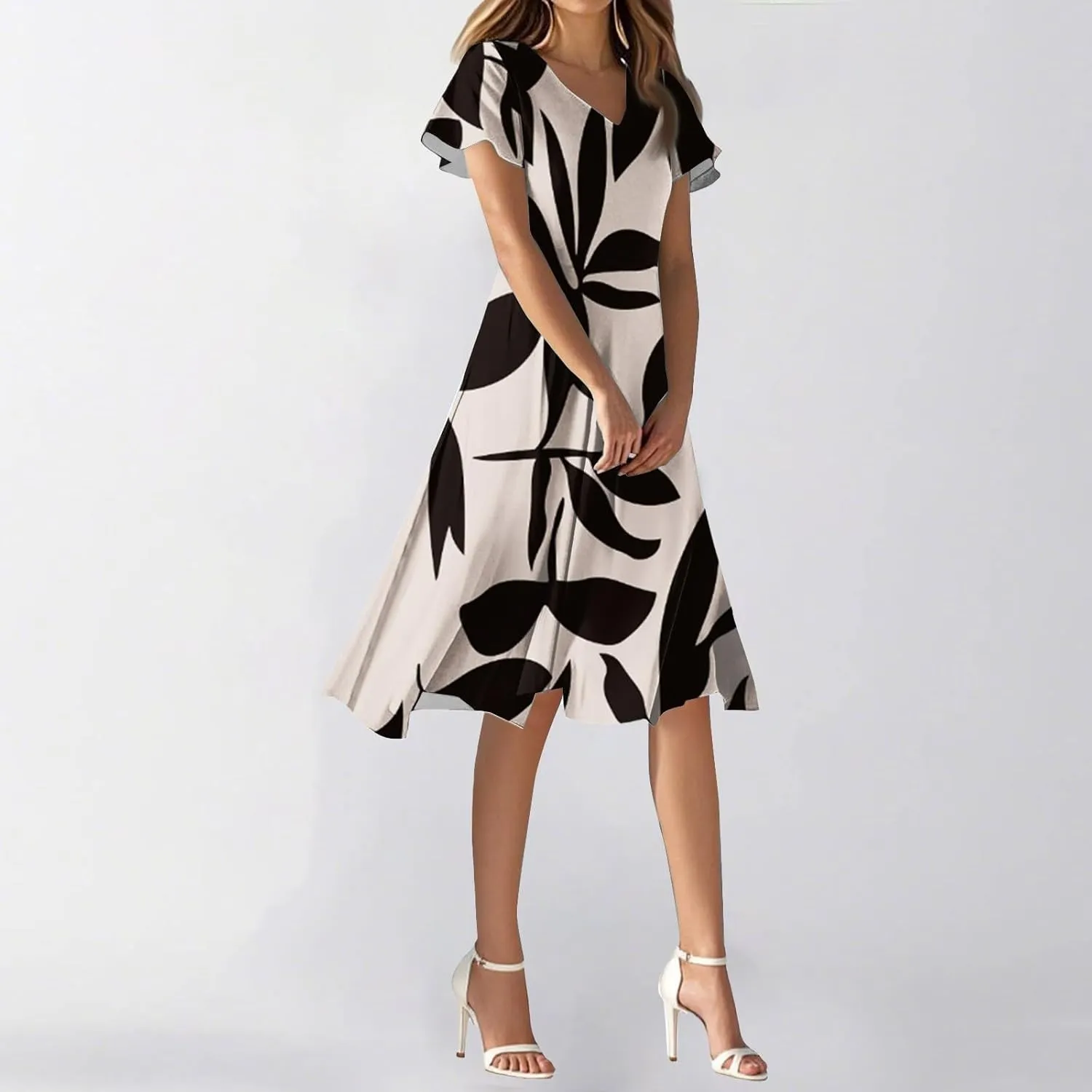 Floral Dress for Women Short Sleeve Knee Length Summer Short Sleeve Summer 2025 V Neck Modest Sundress Dress