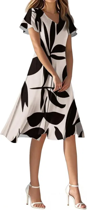 Floral Dress for Women Short Sleeve Knee Length Summer Short Sleeve Summer 2025 V Neck Modest Sundress Dress